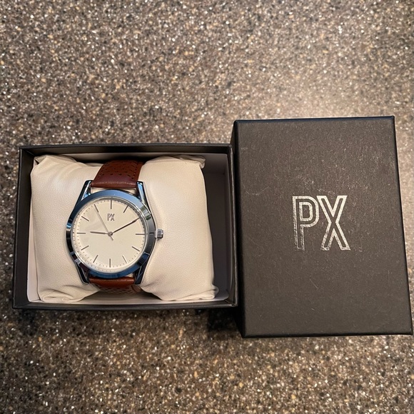PX Mens Brown and Silver Perforated Leather Strap Watch NIB w/Tags - Picture 1 of 5